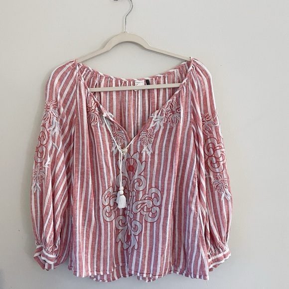 Anthropologie Linen Blend Puff Sleeve Blouse Boho Coastal - Picture 2 of 11